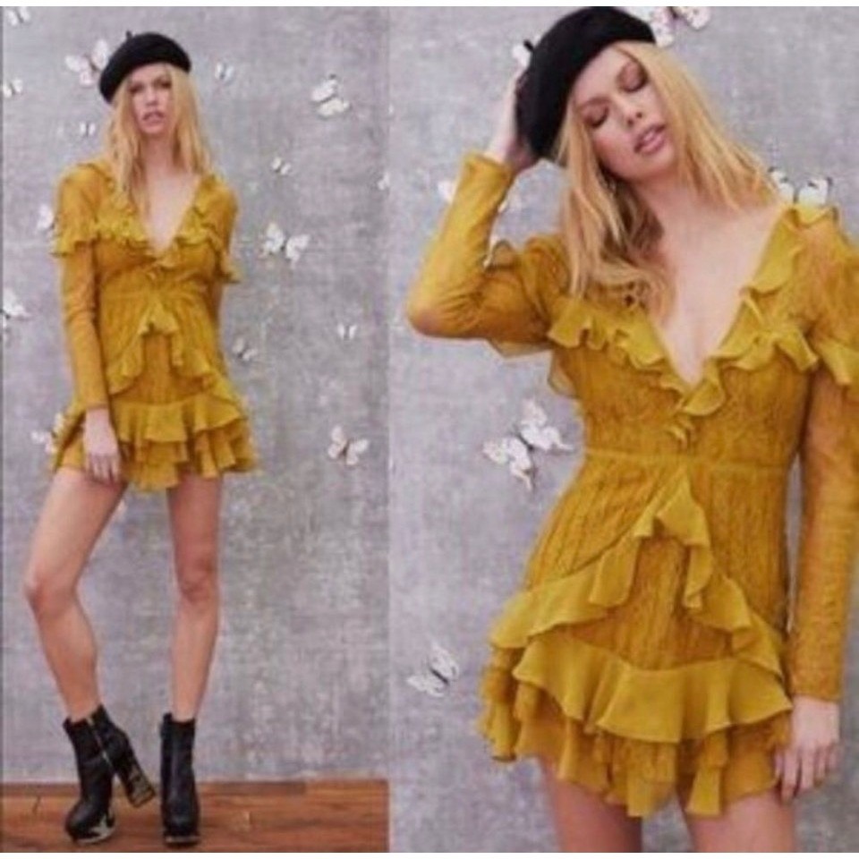 Romantic For Love Lemons Lace Ruffle Coquette Daphne Tie Back Mini Dress Xs